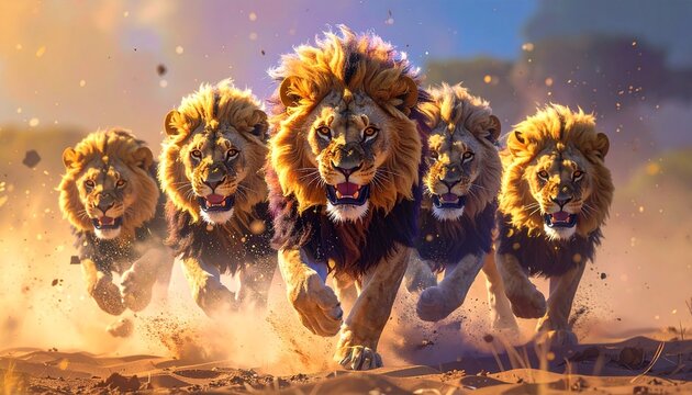 向かってくるライオンの群れ