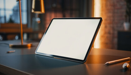 Blank tablet screen on modern desk with soft interior lighting, perfect for product placement or technology presentations, creating calm and inviting workspace atmosphere