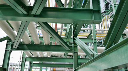 steel structure frame with pipelines, industrial support frame, factory pipe system, structural...