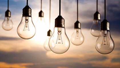 Creative business concept lightbulbs floating in sky, symbolizing leadership and innovation