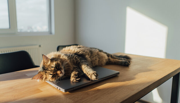 Cat lying on closed laptop on wooden desk, sunlight streaming through window, cozy home office scene, relaxed pet, work from home atmosphere, peaceful afternoon
