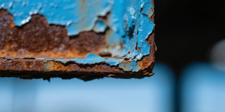 Close up of rust and blue peeling paint on metal corner