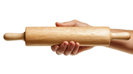 Hand holding a wooden rolling pin isolated on transparent background