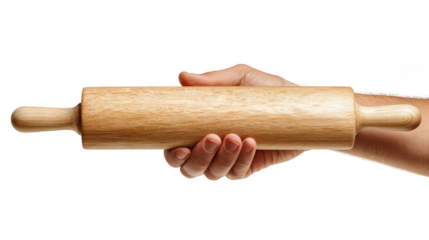 Hand holding a wooden rolling pin isolated on transparent background