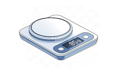 Close up of a digital kitchen scale with a round platform and illuminated display showing grams