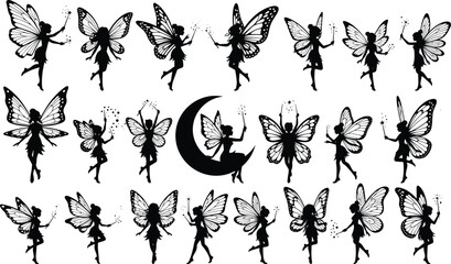 Fairy silhouette illustration set, butterfly wings, magical poses, black vector, fantasy theme, crescent moon, sparkle artwork, whimsical design