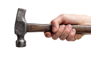 Hand holding a hammer isolated on transparent background