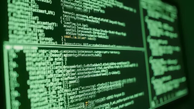 Computer screens displaying green code and numbers, showcasing modern technology and innovative programming concepts for use in projects highlighting AI powered solutions, software development.