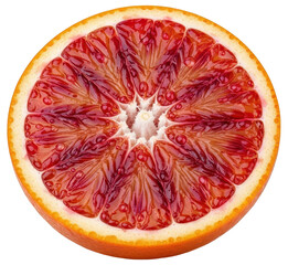 Perfectly sliced half of a fresh, juicy blood orange citrus fruit on transparent background