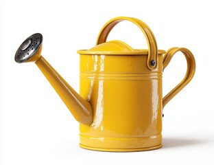 Yellow watering can with metal rose on white background