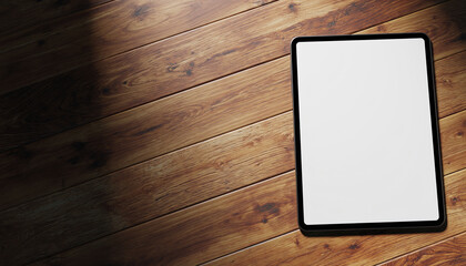 High quality tablet mockup with white screen on warm wooden table, modern tech lifestyle, minimal design, inviting and creative workspace atmosphere