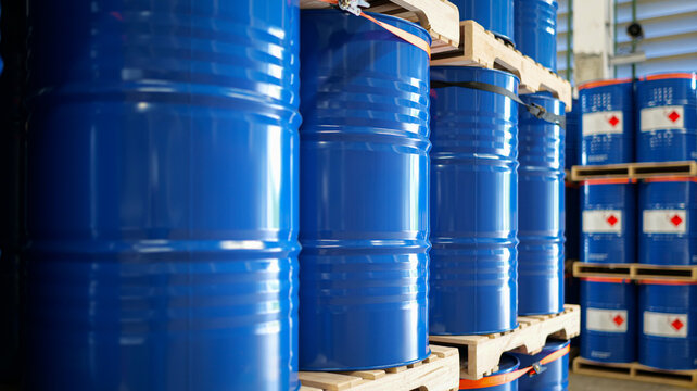 chemical barrels in warehouse, organized storage tanks, industrial containers ready, safe chemical handling, shipment preparation scene