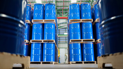 chemical barrels on wooden pallets, organized warehouse storage, industrial drums ready, safe chemical handling, shipment preparation