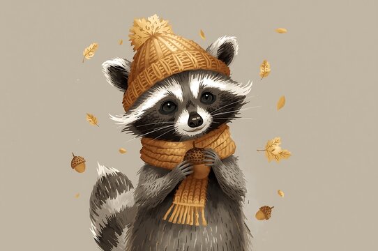 Adorable watercolor illustration of a cute raccoon wearing a cozy knitted orange hat and scarf - Powered by Adobe