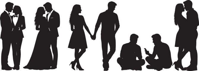 Black silhouette vector illustration showcasing diverse couples embracing and holding hands in various formal and casual poses, contrasted with figures sitting and using smartphones, symbolizing 