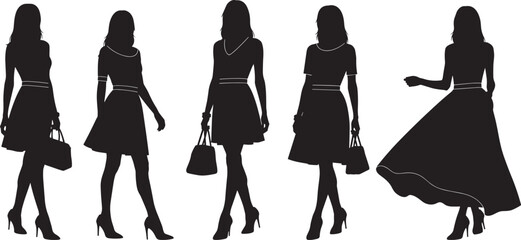 Collection of five fashionable female silhouettes standing, posing, and walking in stylish dresses and high heels, each holding a handbag, illustrating modern woman fashion, elegance, shopping, and 