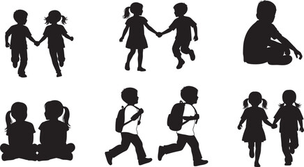 Silhouettes of Young Children and Students in Various Poses: Running, Sitting, and Walking with Backpacks, Symbolizing Childhood, Education, Friendship, Back to School, and Playtime Activities.