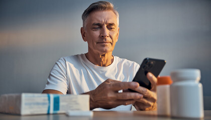 Older adult scanning medication QR code with smartphone, sitting at table with medicine bottles and boxes, clean neutral background, focused expression