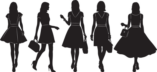 Collection of five fashionable female silhouettes standing, posing, and walking in stylish dresses and high heels, each holding a handbag, illustrating modern woman fashion, elegance, shopping, and 