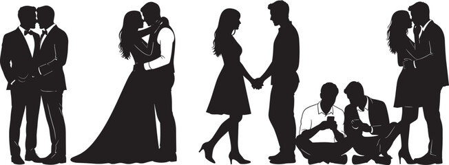Diverse Set of Vector Silhouettes of Adult Couples and People: Including Wedding Scenes, Same-Sex Couple, Romantic Embrace, and Friends Using Smartphones, Symbolizing Relationships and Social Life.