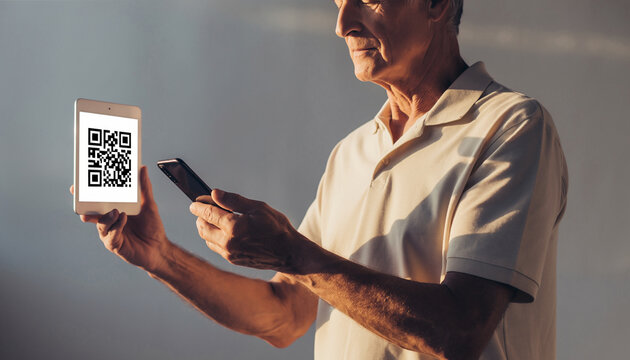 Older adult scanning medication QR code with smartphone neutral background technology use healthcare digital literacy senior man tablet modern lifestyle focus calm expression