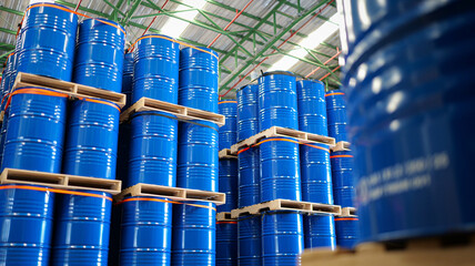 chemical barrels in warehouse, organized storage tanks, industrial containers ready, safe chemical handling, shipment preparation scene