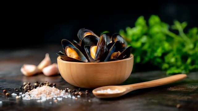 Fresh steamed mussels in wooden bowl with herbs and spices