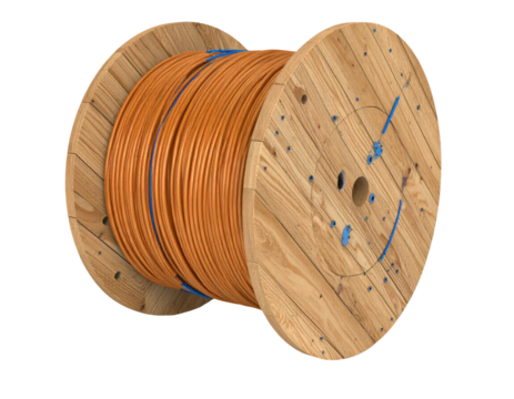 Industrial induction coil wire spool with tightly wound metallic wiring for electrical heating and power transmission applications isolated on white background