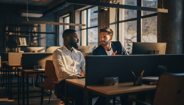 Professional business communication between two coworkers in modern open office, discussing work at sunset, natural light, teamwork, collaboration, positive atmosphere, casual yet focused mood