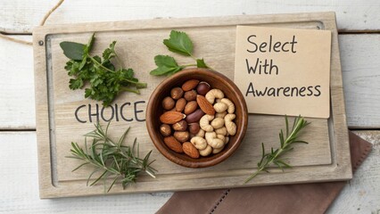 Healthy Snack Choices on Wooden Board with Fresh Herbs and Nuts, Encouraging Mindful Eating for a Balanced Lifestyle