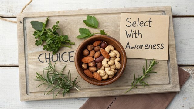 Healthy Snack Choices on Wooden Board with Fresh Herbs and Nuts, Encouraging Mindful Eating for a Balanced Lifestyle