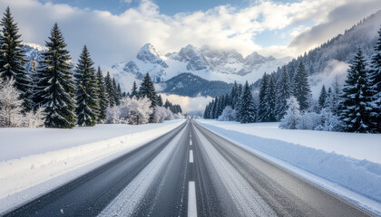 A straight, snowy road leading towards majestic, cloud-covered mountains, framed by snow-dusted evergreen forests on a bright winter day.
