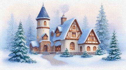 Cozy Snow Covered Cottage With Tall Tower Surrounded By Pine Trees In Winter Landscape