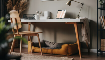Modern home office with wooden desk, laptop, tech accessories, and cozy pet bed under desk, warm lighting, and organized workspace create comfortable and inviting atmosphere