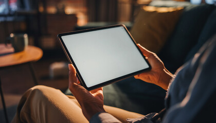Tablet device with empty display held by person in cozy indoor living room, warm lighting, relaxed atmosphere, technology, digital screen, modern lifestyle, app presentation