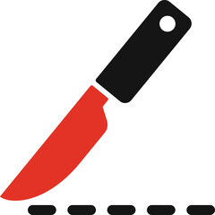 Sharp Red And Black Kitchen Knife Sliced Through A Dashed Line On A White Background Ready For Use In Food Preparation
