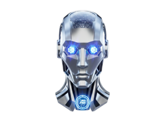 Metallic Robot Head with Glowing Blue Eyes and Artificial Intelligence Symbol on Neck Isolated on Black Background