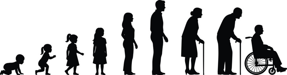 Human life stages silhouette, aging progression, baby to elderly, developmental phases, life cycle concept, aging journey, cartoon illustration, timeline
