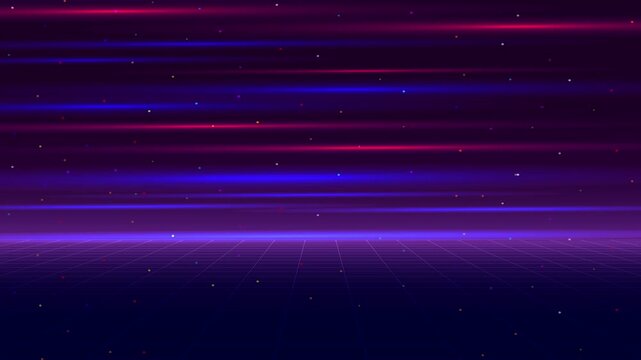START GAME. Retro Futurism Sci-Fi Background. glowing neon grid and star from vintage arcade computer games	