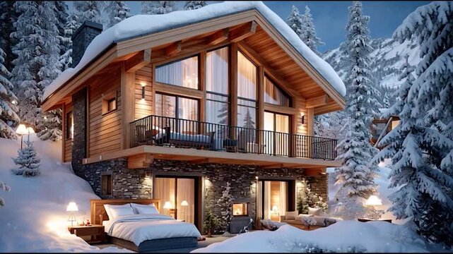 Escape to a luxurious winter chalet nestled in the snowy mountains, promising cozy nights and breathtaking views in a tranquil, idyllic setting