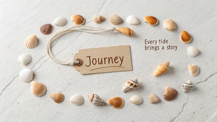Journey of Memories with Seashells on Beach Stone Surface for Relaxation and Inspiration