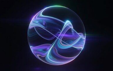 Neon futuristic 3d sphere of blue and purple glowing digital waves and particles. Future technology concept, Artificial Intelligence, engineering, and science. Abstract energy orb. Data, innovations.