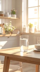 Fototapeta premium Sunny interior showcasing a bright kitchen corner. A glass of water sits on a wooden table, next to a cup. Sunlight streams through a window
