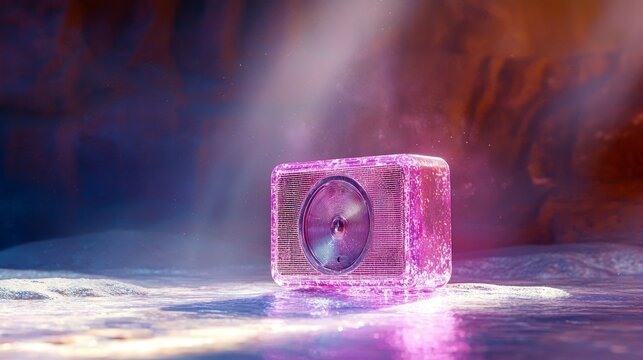 A pink crystal-encased cube speaker with a metallic cone is illuminated by light rays on a reflective surface. - Powered by Adobe