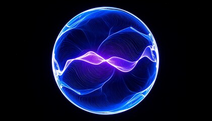 Blue and purple neon 3d sphere of gradient waves and glowing particles. Abstract technology concept, Artificial Intelligence, engineering, big data, and innovations. Vibrant futuristic sphere.