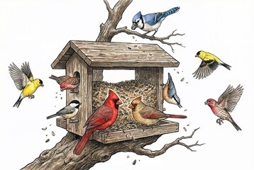 Vibrant illustration of various bird species gathered around a wooden bird feeder during Bird Feeding Month.