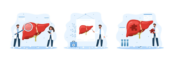 Hepatitis and liver disease set. Medical research and therapy with doctor and patient. Flat cartoon illustration.