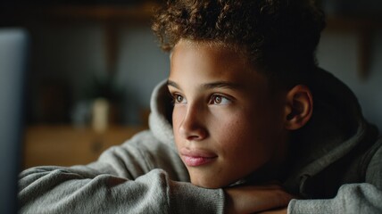 wide shot of a teenager attending virtual class with a focused expression, home study area with minimal decor, cinematic lighting