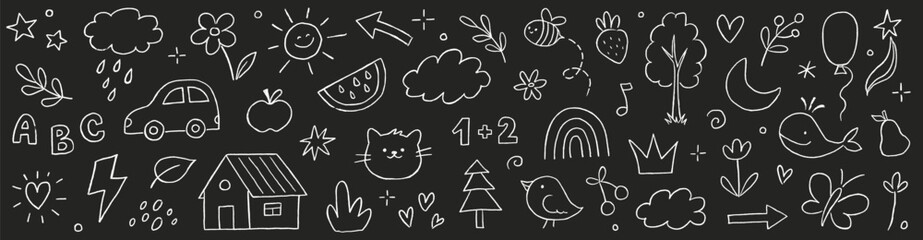 Kids outline hand drawn cute school on chalkboard. Crayon pencil stroke school doodle flower, sun, rainbow children elements. Kid style cute baby star, tree, heart shapes. Vector illustration © Polina Tomtosova