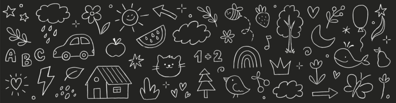 Kids outline hand drawn cute school on chalkboard. Crayon pencil stroke school doodle flower, sun, rainbow children elements. Kid style cute baby star, tree, heart shapes. Vector illustration